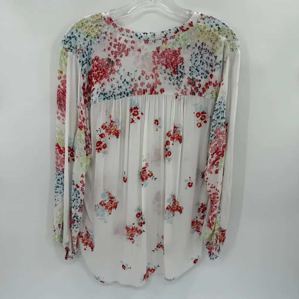 LUCKY BRAND Womens Floral Semi Sheer Shirt Size L Long Sleeve Boho Festival Top